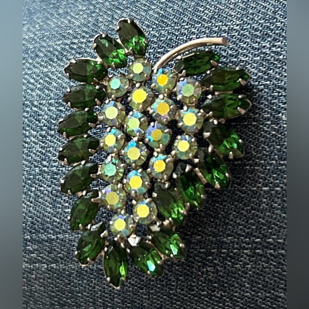 B. DAVID Signed Vintage Green & Aurora Borealis Crystal Leaf Brooch